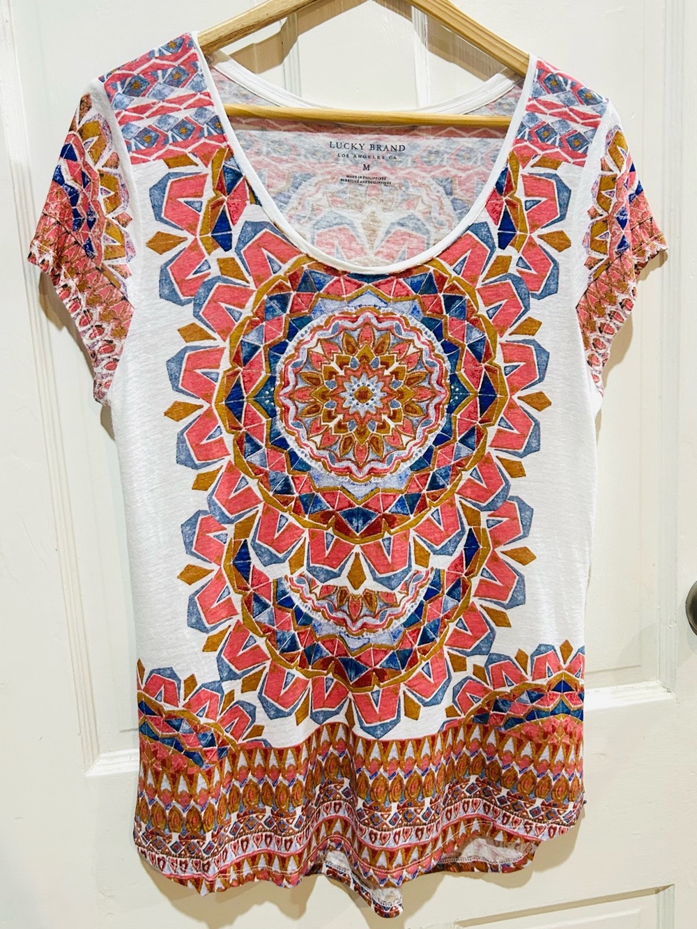 LUCKY BRAND Tribal Print Cap Sleeve Scoop Neck Linen T-Shirt Boho Casual Size M